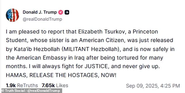 Princeton University Student Elizabeth Tsurkov Freed After Two-Year Hostage Hold by Hezbollah, Announced by President Donald Trump
