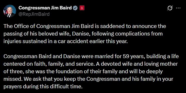 Congressman Jim Baird Mourns Wife Danise After Tragic Car Crash; Colleagues Pay Tributes to 59-Year Marriage