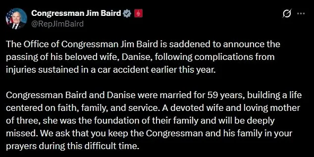 Congressman Jim Baird Mourns Wife Danise After Tragic Car Crash; Colleagues Pay Tributes to 59-Year Marriage