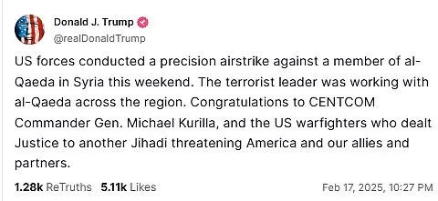Donald Trump Congratulates Central Command Forces on Airstrike Targeting Senior Al-Qaeda Operative