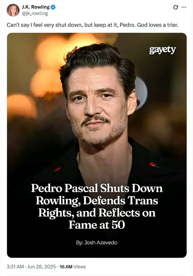 J.K. Rowling and Pedro Pascal's Feud Escalates Over Women's Rights and Gender-Specific Spaces